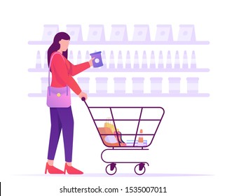 Woman Shoping With Cart Flat Illustration