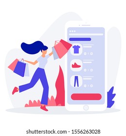 woman shoping in mobile store sale illustration