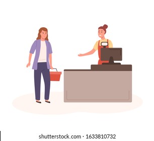 Woman shopper with basket and seller at checkout vector flat illustration. Cartoon smiling female saleswoman and customer at counter in supermarket isolated on white. People character at shop