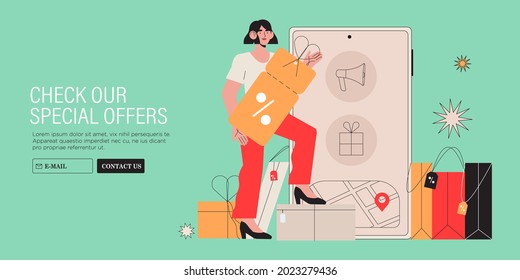 Woman shopper hold big discount coupon and buy in online store or shop on sale presents or gifts through mobile applecation. Concept of online shopping or e-commerce web banner, website advertisement.