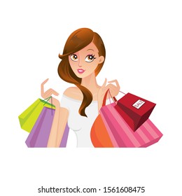 woman shopper holding many shopping bags