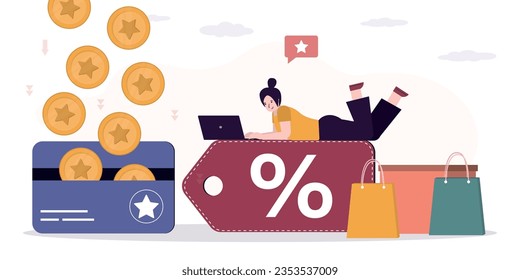 Woman shopper lying on big discount tag and uses laptop. Shopping online, sales, black friday. Bonus card with golden coins, cashback, loyalty program. Discount and promotions, advertising company.