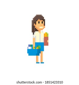 Woman shopper with shopping basket. Pixel art. Old school computer graphic. 8 bit video game. Game assets 8-bit sprite. 16-bit.