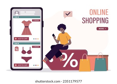 Woman shopper sits on giant discount tag and uses smartphone. Shopping online, sales. Mobile phone with items. Discount coupons and promotions, advertising company. Consumer with shopping bags. vector