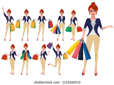 Woman shopper vector character set holding shopping bags with fashion clothes in different postures and hand gestures. Vector illustration.
