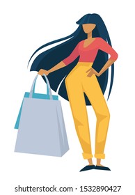 Woman with shopping bag. Brunette girl holding in hand two shopper totes. Wearing trendy clothes, yellow trousers and red top. Isolated flat vector illustration on white background.