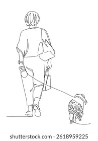 Woman with shopping bag and dog behind her walking away. Continuous line drawing. Black and white vector illustration in line art style.