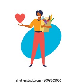 Woman with shopping bag donating products