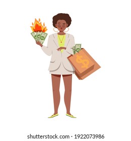 Woman with Shopping Bag Holding Burning Dollar Banknote as Money Spending Vector Illustration