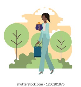 woman with shopping bag in landscape