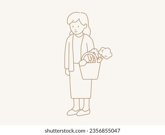 Woman with shopping bag in line art style