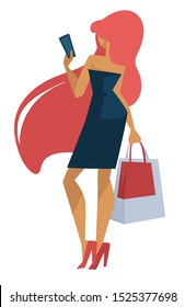 Woman with shopping bag and long red hair. Glamorous girl in black evening bandeau dress and red heels, holding shopper totes, smartphone, view from behind. Vector illustration on white background.