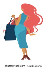 Woman with shopping bag and long wavy red hair, back view. Pretty redhead holding shopper tote. Wearing stylish blue turquoise dress. Beautiful figure. Flat vector illustration on white background.