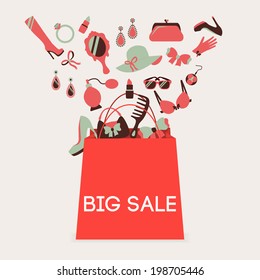 Woman shopping bag made of girl accessories big sale poster vector illustration