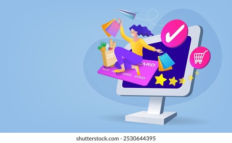 Woman with shopping bag. Online shopping app. credit cards and discount coupons on a smartphone. marketing and digital marketing. E-commerce advertising. Food delivery. Vector Illustrations.