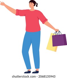 Woman with shopping bag pointing away. Buyer looking for discount