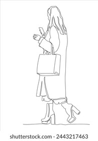 Woman with shopping bag using phone. Wear coat and high heels shoes. Continuous line drawing. Black and white vector illustration in line art style.