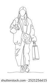 Woman with shopping bag using phone and walking. Wear long skirt and warm jacket. Continuous line drawing. Black and white vector in line art style.