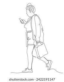 Woman with shopping bag walking and using phone on the go. Side view. Continuous line drawing. Hand drawn vector illustration in line art style.