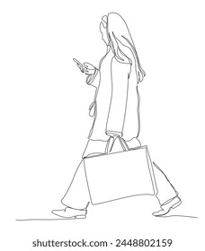 Woman with shopping bag walking and using phone on the go. Side view. Continuous line drawing. Black and white vector illustration in line art style.