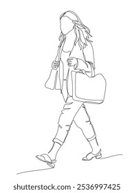 Mujer con el bolso de compras que camina. Usa chaqueta. Dibujo de línea continua. Ilustración vectorial en blanco y negro en estilo de arte de línea.