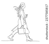 Woman with shopping bag walking. Wearing warm coat and shoes. Side view. Single line drawing. Black and white vector sketch in line art style.