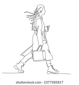 Woman with shopping bag walking. Wearing warm coat and shoes. Side view. Single line drawing. Black and white vector sketch in line art style.