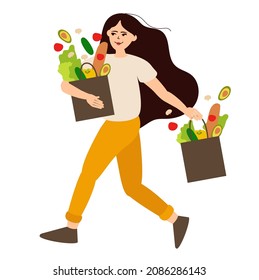 Woman with shopping bags. Cartoon young female walking from greengrocer store. Heavy handbags of food, buying fruits and vegetables. Cozy clothes for making purchase. Vector shop customer illustration