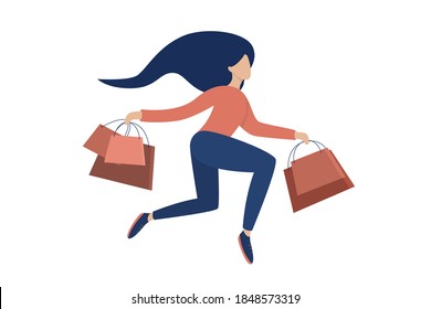 Woman with shopping bags. Concept Happy Woman or girl shopping. Flat Vector Illustration.