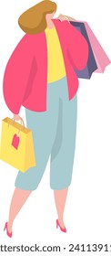 Woman with shopping bags enjoying retail therapy. Fashionable shopper in vibrant clothes, joy of purchase. Shopaholic concept, consumer culture vector illustration.