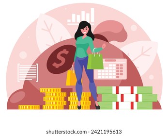 Woman with shopping bags. Fashionable woman holding packages with clothes after shopping. Bag with money. Stacks of bills and gold coins. Vector graphics