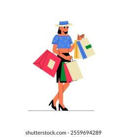 Woman With Shopping Bags In Flat Vector Illustration Symbolizing Shopping, Fashion, And Retail Therapy, Isolated On White Background