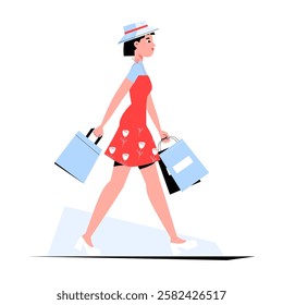 Woman Shopping With Bags In Flat Vector Illustration Symbolizing Retail Therapy, Fashion Shopping, And Consumer Lifestyle, Isolated On White Background.