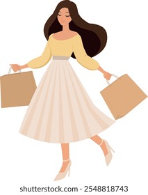 mulher que faz compras, com sacos de compras nas mãos, ilustração