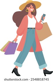 woman shopping, with shopping bags in hands, illustration