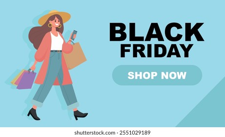 woman shopping, with shopping bags in hands, illustration