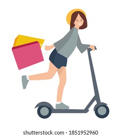 Woman with shopping bags in her hands is riding after purchases. Young beautiful fashion shopper girl isolated on white background. Sale advertising. Female character a scooter rides from the store
