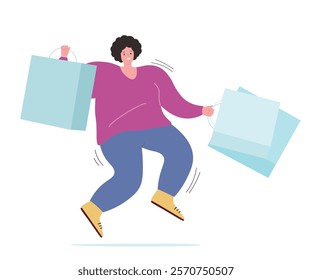 A woman with shopping bags in her hands is rejoicing and happy. Girl on sale in a store. Vector flat graphics.