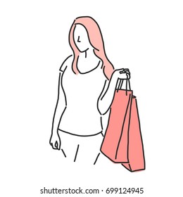 Woman with shopping bags. line drawing. hand drawn. vector illustration.