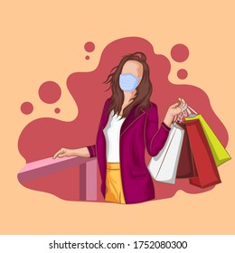 woman with shopping bags with a mask