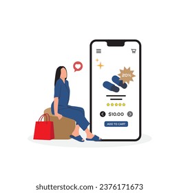 Woman with shopping bags and mobile phone. Vector illustration in flat style