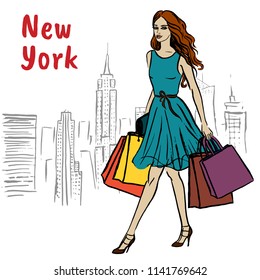 Woman with shopping bags in New York. Fashion sketch