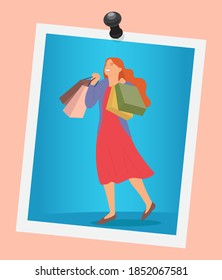 Woman with shopping bags on the photo is smiling happily. Young beautiful happy girl picks up multi-colored packages and rejoices. Female character with packages in her hands on blue background