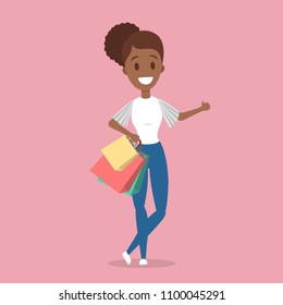 Woman shopping with bags on white background.