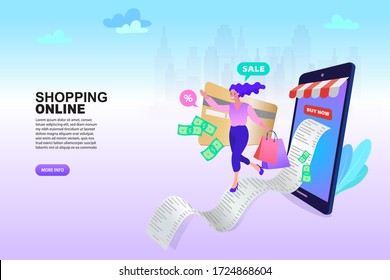 Woman with shopping bags and Receipt from the store. Pretty young woman. flat vector illustration.