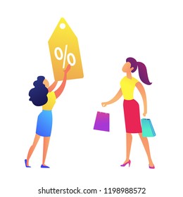Woman with shopping bags and shop discount tag vector illustration. Woman shopping and advertising, sale and special offer, promotion and price discount concept. Isolated on white background.