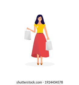 Woman with shopping bags shop. Isolated flat vector illustration on white background.