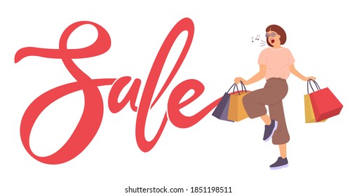 Woman with shopping bags is smiling. Young beautiful fashion shopper girl is singing songs. Sale announcement on the background. Female character standing with packages in her hands and making music