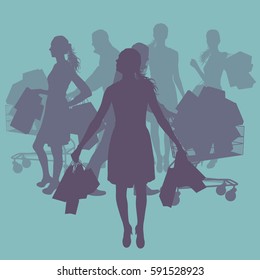 Woman with shopping bags standing happy vector background