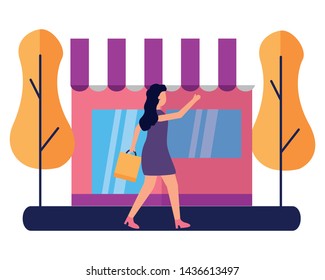 woman shopping bags store street commerce vector illustration